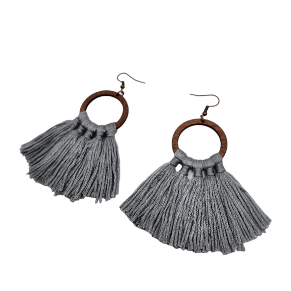 Yarn Tassel Wood Earrings Dangle Bohemian Boho Style Gray Gold Fan Ear Jewelry - Picture 2 of 3